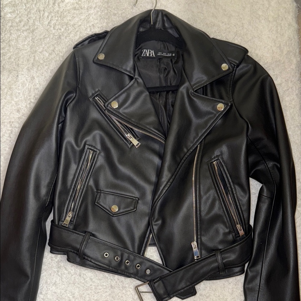 Zara Black Leather Motorcycle Jacket with Asymmetrical Zipper